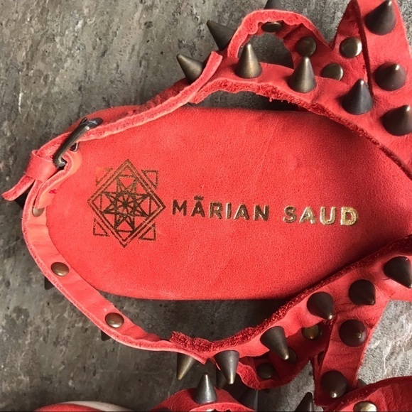 Marian Saud cherry red leather and metal studded ankle-strap gladiator sandals - Picture 3 of 9